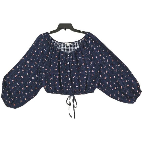 American Eagle ~Woman Size S~ Blue Floral Long Sleeve Button Front Cropped Top. - Picture 1 of 13